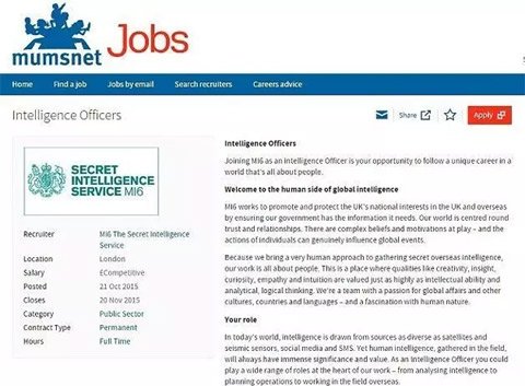 英國(guó)軍情六處在“媽媽網(wǎng)”上發(fā)布招聘啟事。