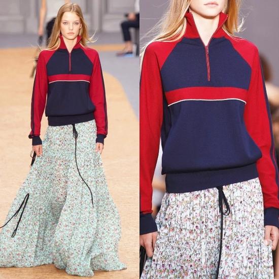 同款不同色的拉鏈高領衫搭配仙女裙，也令人印象深刻