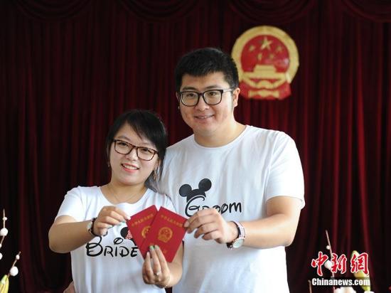 8月17日農(nóng)歷七月初七是我國傳統(tǒng)“七夕節(jié)”，在吉林長春，許多準(zhǔn)新人都選擇這一天去辦理結(jié)婚登記，有準(zhǔn)新人在清晨5點就來到婚姻登記處排隊等候。圖為新人們展示自己的結(jié)婚證。 劉棟 攝