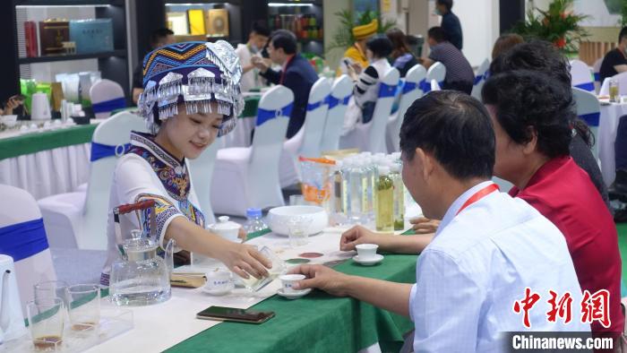 身穿民族服飾的茶藝師為茶商斟茶。錢晨菲 攝